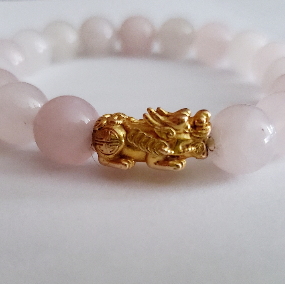 14K Gold Pixiu & Natural Rose Quartz Beads Stretch Bracelet Feng Shui Wealth